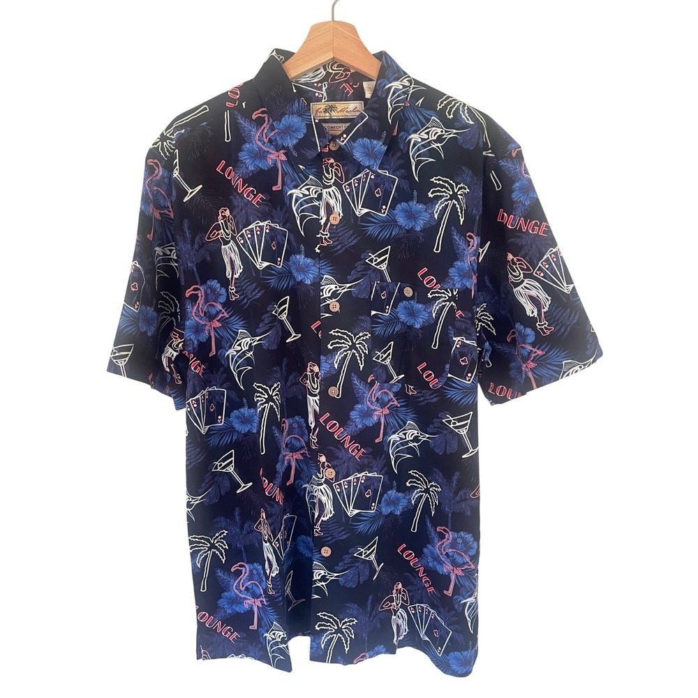 Joe Marlin Hawaiian Shirt Black Funky Flamingo  Cocktail  Print Cotton Large New